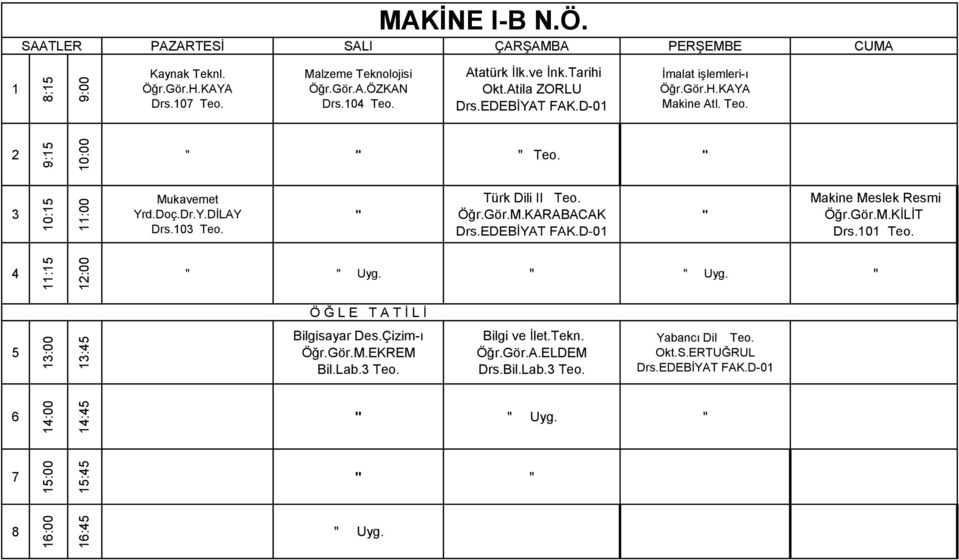 Makine Meslek Resmi Yrd.Doç.Dr.Y.DİLAY Öğr.Gör.M.KARABACAK Öğr.Gör.M.KİLİT Drs.0 Teo. Drs.0 Teo. : :00 Uyg. Uyg. :00 : Bilgisayar Des.