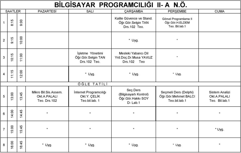 Sis.Assem. Okt.A.PALALI Teo. Drs.0 İnternet Programcılığı Okt.Y. ÇELİK Teo.bil.lab. Seç.Ders (Bilgisayarlı Kontrol) Öğr.Gör.Hakkı SOY D- Lab.