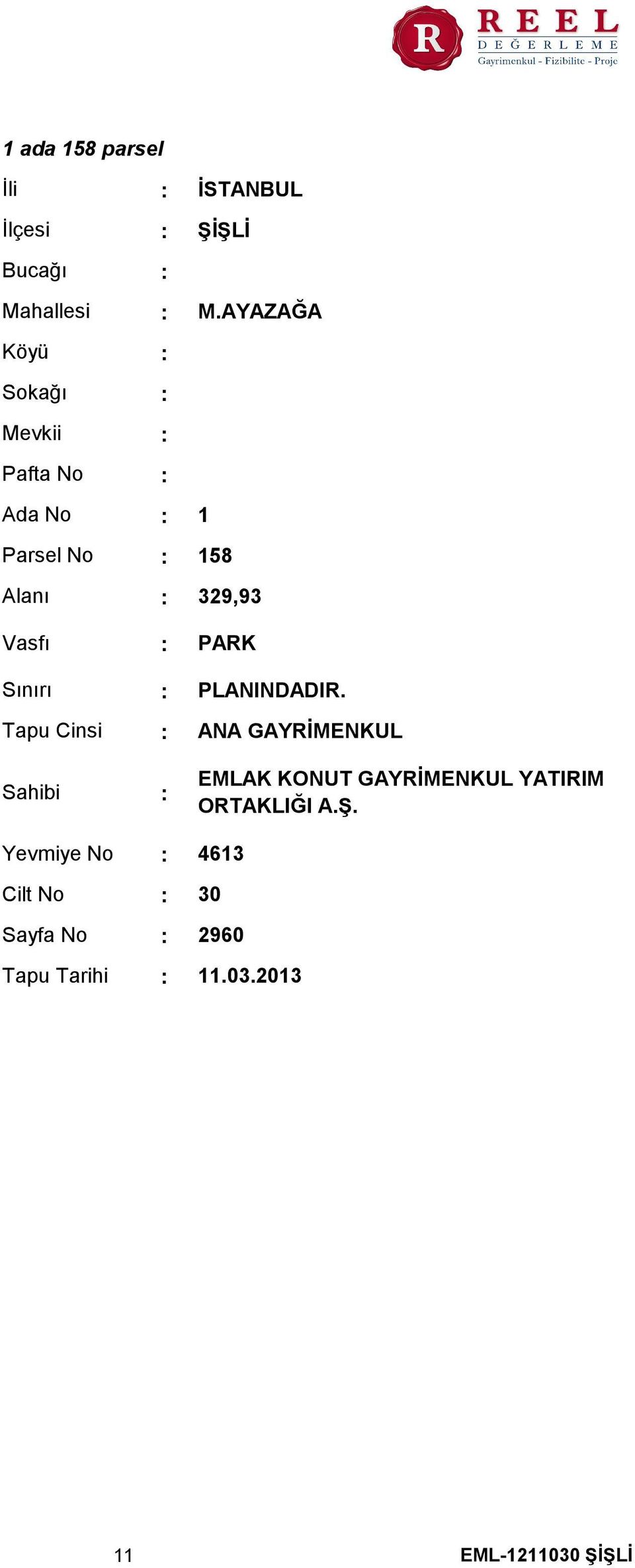 AYAZAĞA 1 158 329,93 Vasfı Sınırı Tapu Cinsi Sahibi PARK PLANINDADIR.