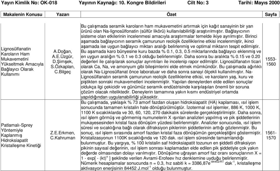 Kahruman Bu çalışmada seramik karoların ham mukavemetini artırmak için kağıt sanayinin bir yan ürünü olan Na-lignosülfonatin (sülfür likörü) kullanılabilirliği araştırılmıştır.