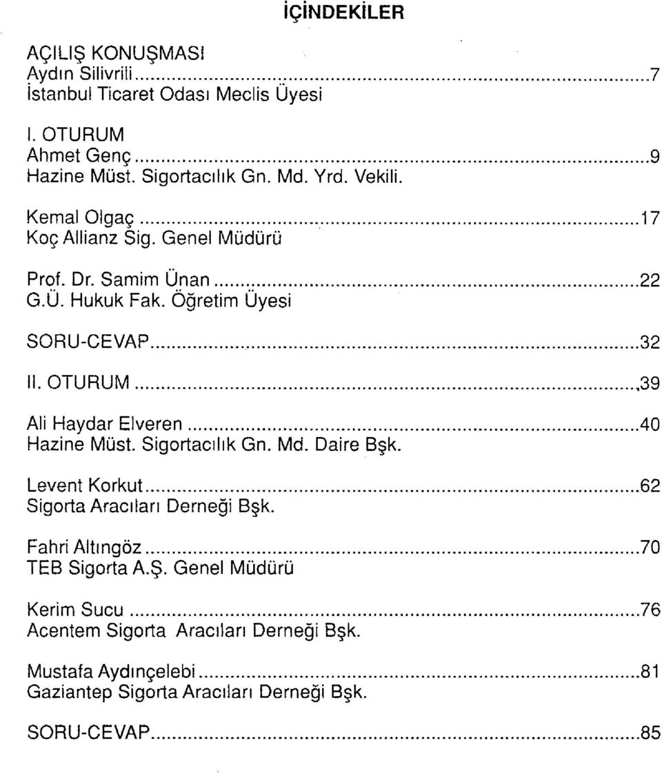 OTURUM,39 Ali Haydar Elveren 40 Hazine Must. Sigortacılık Gn. Md. Daire Bşk. Levent Korkut 62 Sigorta Aracıları Derneği Bşk. Fahri Altıngöz.