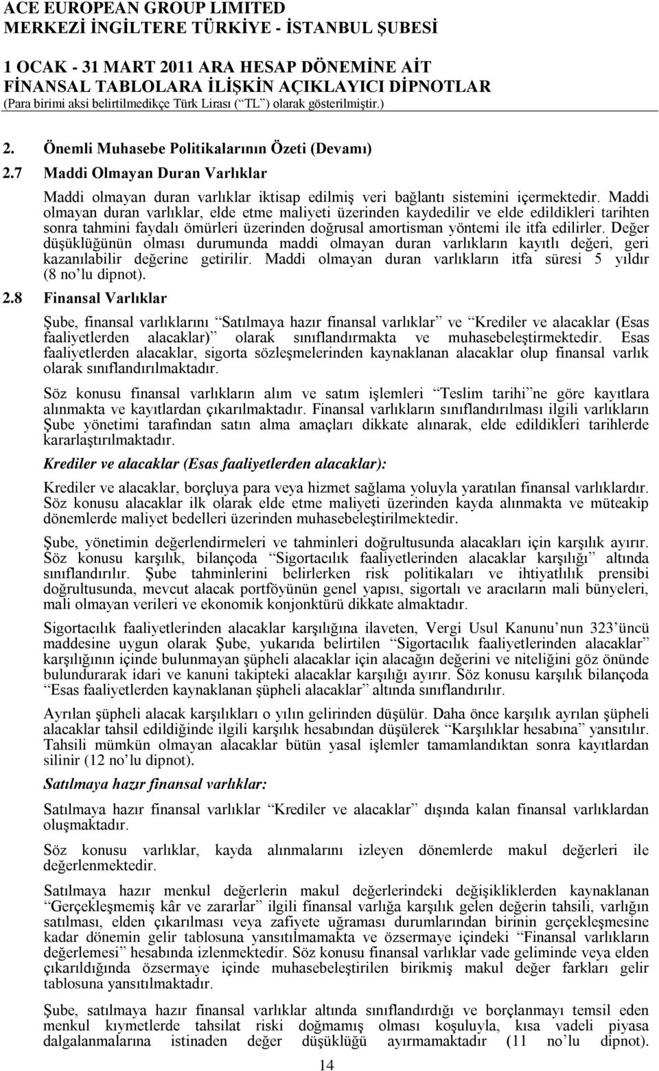 Değer düşüklüğünün olması durumunda maddi olmayan duran varlıkların kayıtlı değeri, geri kazanılabilir değerine getirilir. Maddi olmayan duran varlıkların itfa süresi 5 yıldır (8 no lu dipnot). 2.