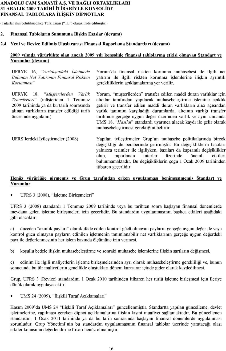 Yurtdışındaki İşletmede Bulunan Net Yatırımın Finansal Riskten Korunması UFRYK 18, Müşterilerden Varlık Transferleri (müşteriden 1 Temmuz tarihinde ya da bu tarih sonrasında alınan varlıkların