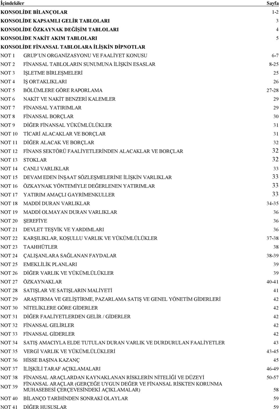 NOT 7 FİNANSAL YATIRIMLAR 29 NOT 8 FİNANSAL BORÇLAR 30 NOT 9 DİĞER FİNANSAL YÜKÜMLÜLÜKLER 31 NOT 10 TİCARİ ALACAKLAR VE BORÇLAR 31 NOT 11 DİĞER ALACAK VE BORÇLAR 32 NOT 12 FİNANS SEKTÖRÜ