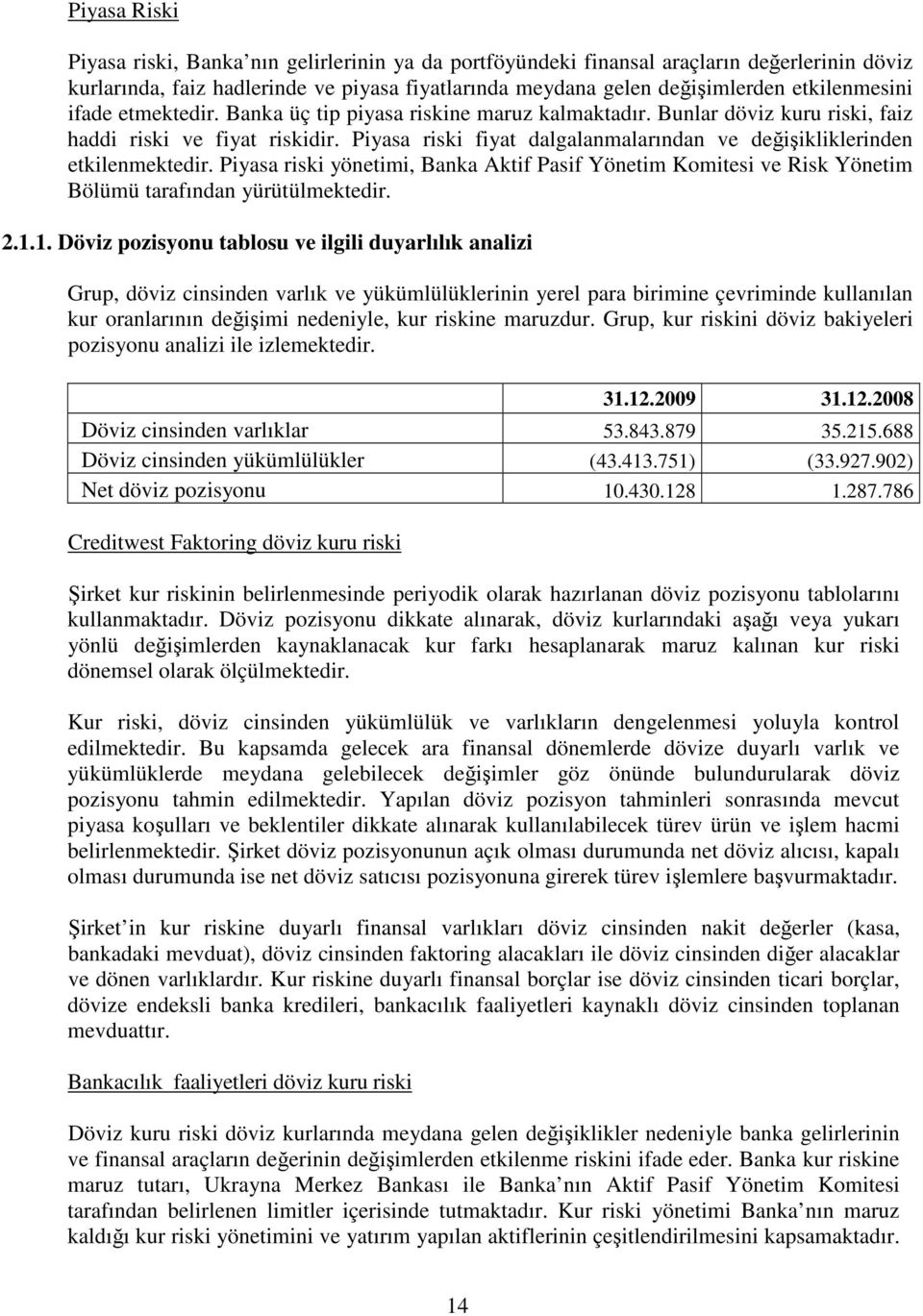 Piyasa riski yönetimi, Banka Aktif Pasif Yönetim Komitesi ve Risk Yönetim Bölümü tarafından yürütülmektedir. 2.1.