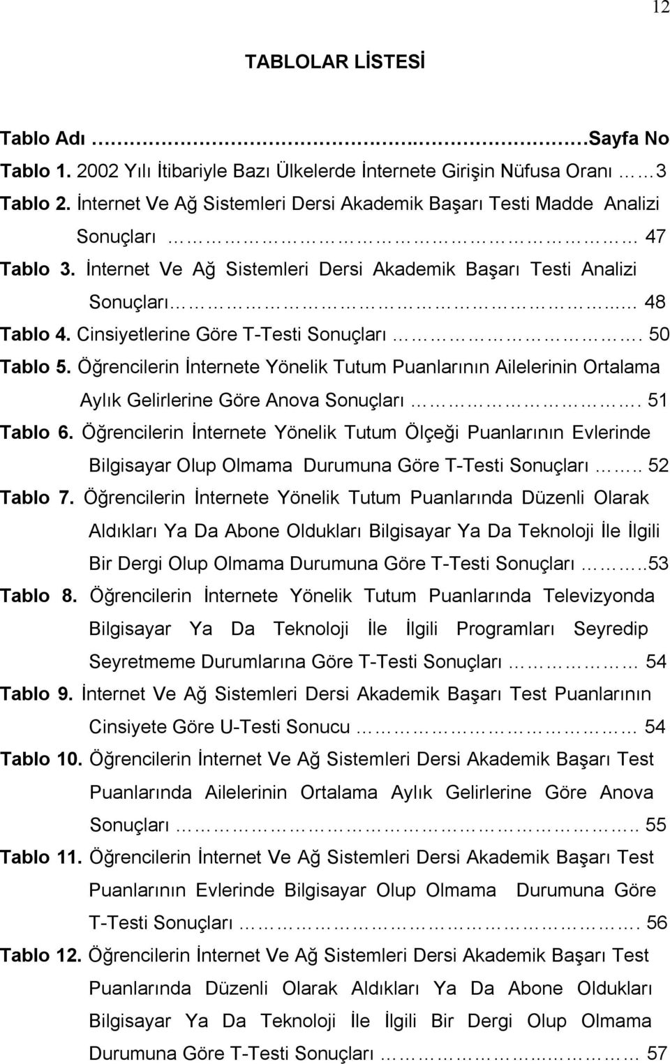 Cinsiyetlerine Göre T-Testi Sonuçları. 50 Tablo 5. Öğrencilerin İnternete Yönelik Tutum Puanlarının Ailelerinin Ortalama l Aylık Gelirlerine Göre Anova Sonuçları. 51 Tablo 6.