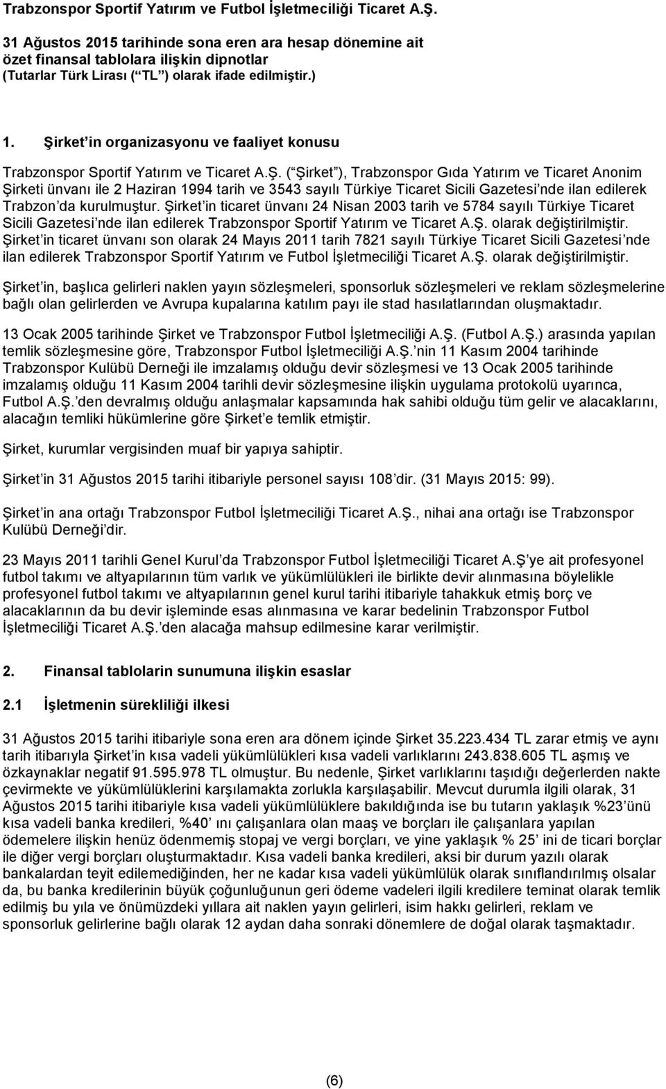 Şirket in ticaret ünvanı 24 Nisan 2003 tarih ve 5784 sayılı Türkiye Ticaret Sicili Gazetesi nde ilan edilerek Trabzonspor Sportif Yatırım ve Ticaret A.Ş. olarak değiştirilmiştir.