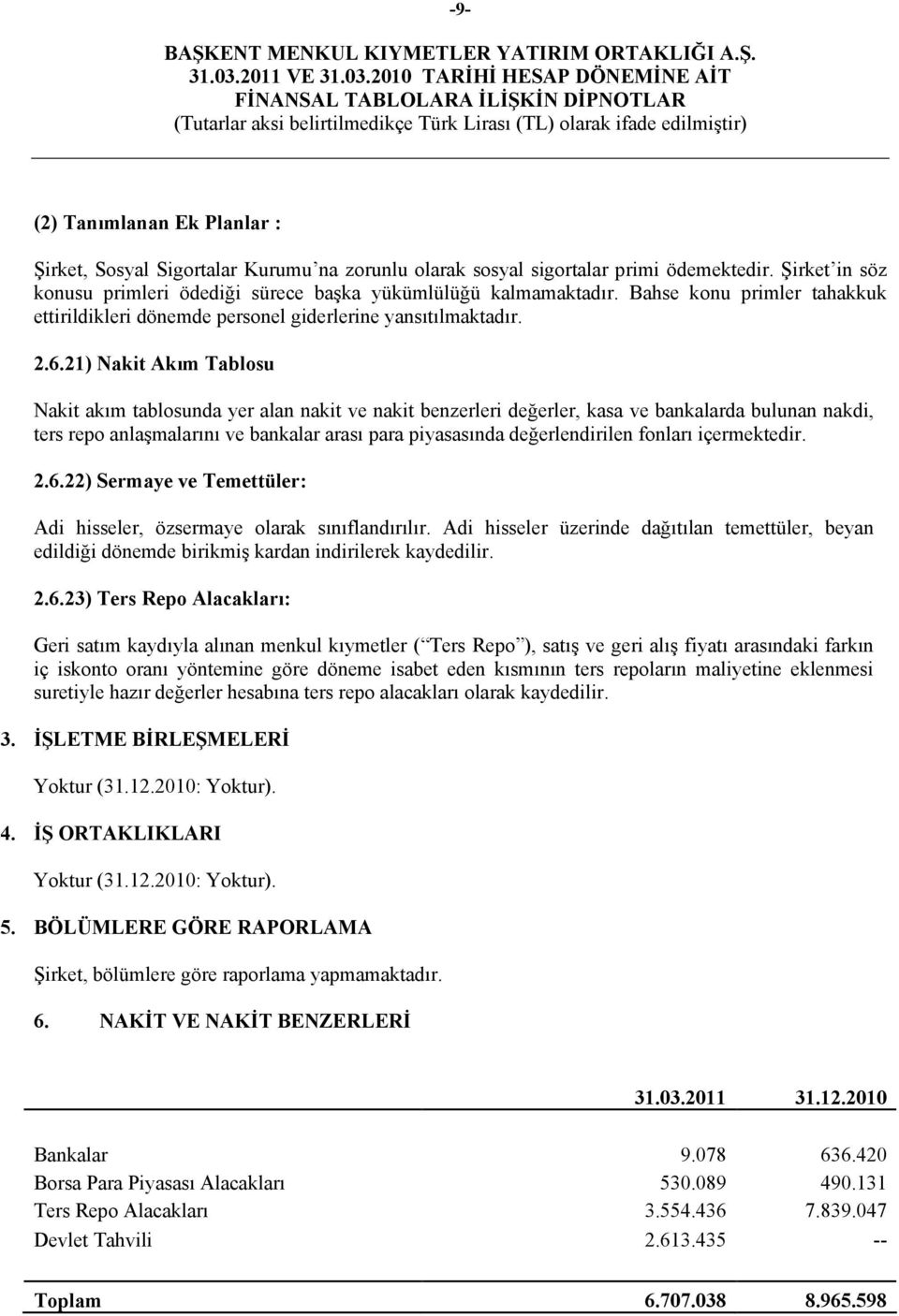 21) Nakit Akım Tablosu Nakit akım tablosunda yer alan nakit ve nakit benzerleri değerler, kasa ve bankalarda bulunan nakdi, ters repo anlaşmalarını ve bankalar arası para piyasasında değerlendirilen