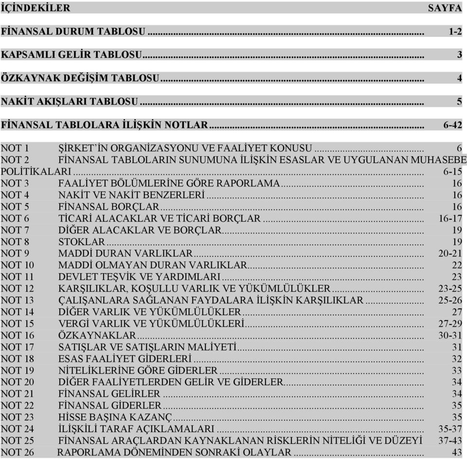 .. 16 NOT 4 NAKİT VE NAKİT BENZERLERİ... 16 NOT 5 FİNANSAL BORÇLAR... 16 NOT 6 TİCARİ ALACAKLAR VE TİCARİ BORÇLAR... 16-17 NOT 7 DİĞER ALACAKLAR VE BORÇLAR... 19 NOT 8 STOKLAR.