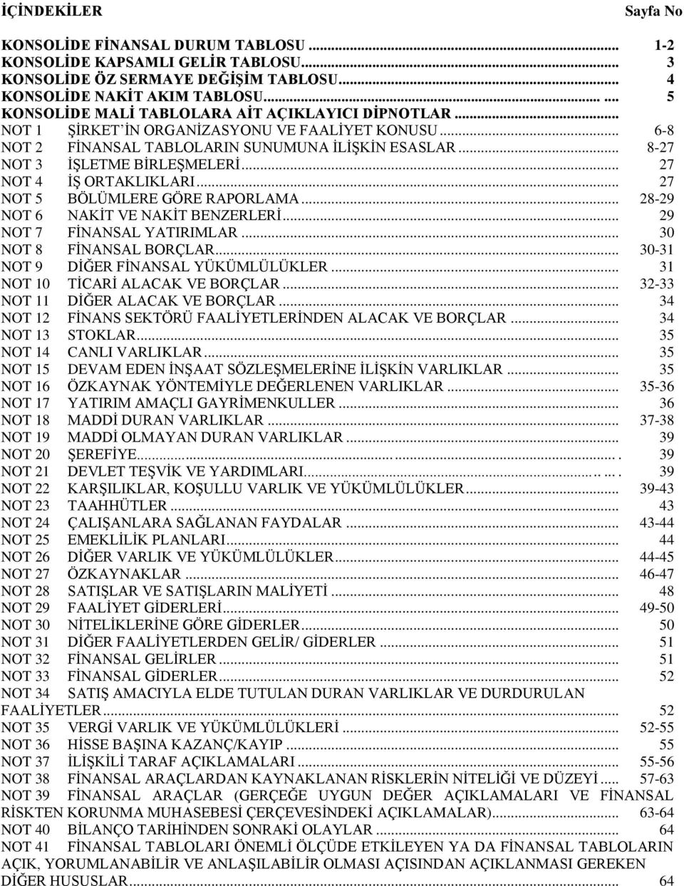 .. 8-27 NOT 3 İŞLETME BİRLEŞMELERİ... 27 NOT 4 İŞ ORTAKLIKLARI... 27 NOT 5 BÖLÜMLERE GÖRE RAPORLAMA... 28-29 NOT 6 NAKİT VE NAKİT BENZERLERİ... 29 NOT 7 FİNANSAL YATIRIMLAR... 30 NOT 8 FİNANSAL BORÇLAR.