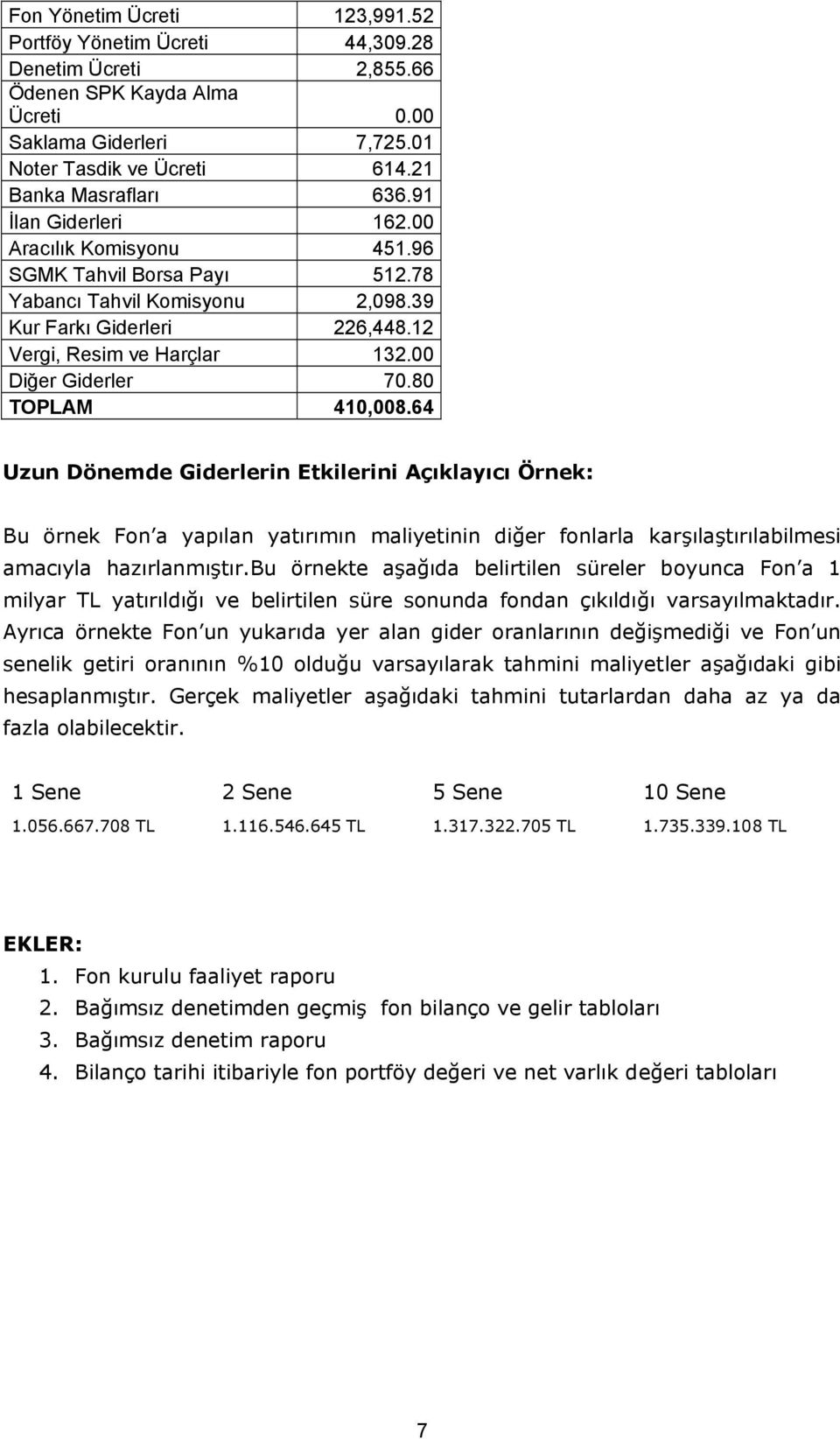 8 TOPLAM 41,8.64 Uzun Dönemde Giderlerin Etkilerini Açıklayıcı Örnek: Bu örnek Fon a yapılan yatırımın maliyetinin diğer fonlarla karşılaştırılabilmesi amacıyla hazırlanmıştır.