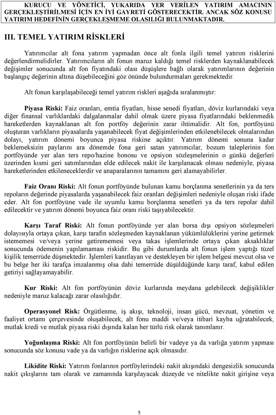 Yatırımcıların alt fonun maruz kaldığı temel risklerden kaynaklanabilecek değişimler sonucunda alt fon fiyatındaki olası düşüşlere bağlı olarak yatırımlarının değerinin başlangıç değerinin altına