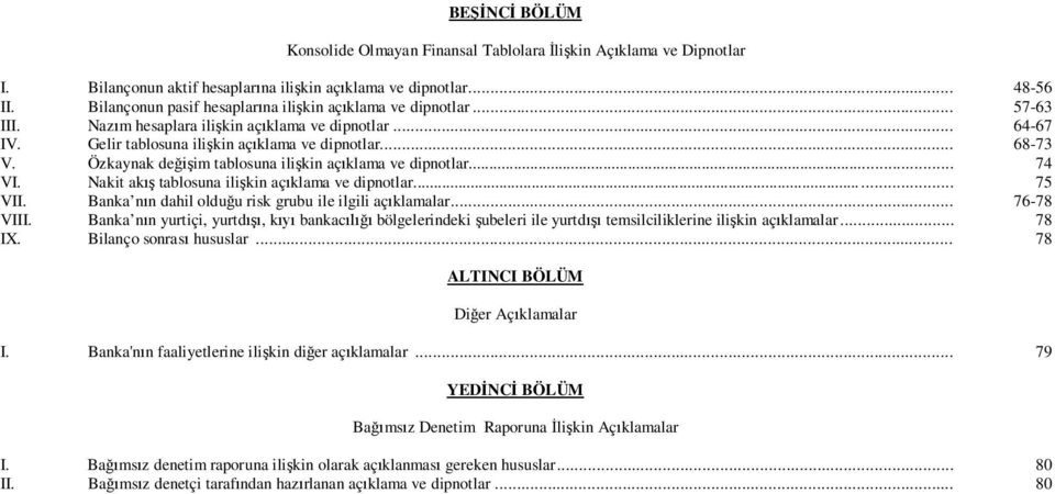 Özkaynak de im tablosuna ili kin aç klama ve dipnotlar... 74 VI. Nakit ak tablosuna ili kin aç klama ve dipnotlar...... 75 VII. Banka n n dahil oldu u risk grubu ile ilgili aç klamalar... 76-78 VIII.