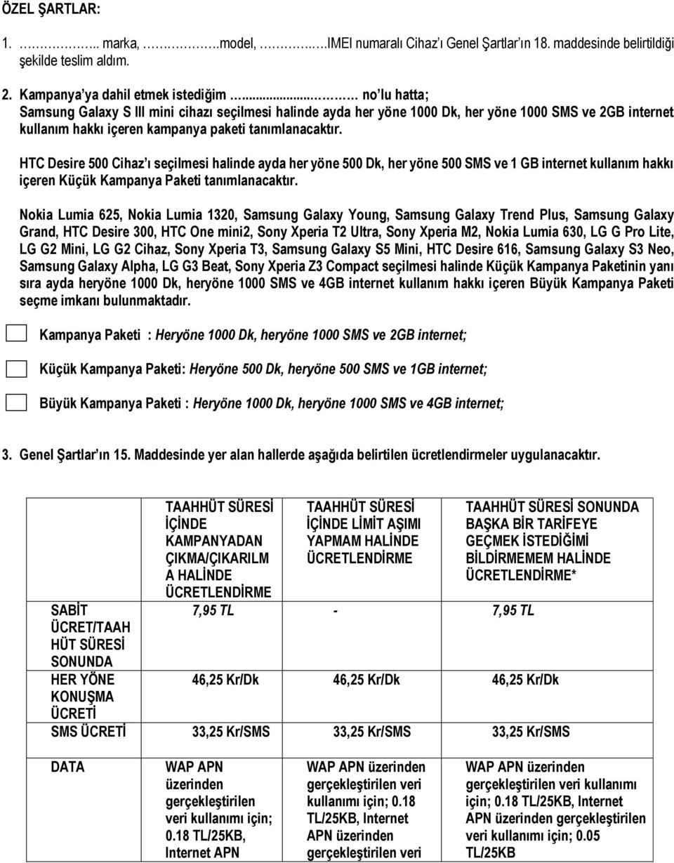 HTC Desire 500 Cihaz ı seçilmesi halinde ayda her yöne 500 Dk, her yöne 500 SMS ve 1 GB internet kullanım hakkı içeren Küçük Kampanya Paketi tanımlanacaktır.