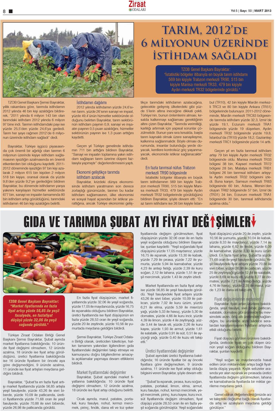 " TZOB Genel Başkanı Şemsi Bayraktar, yıllık rakamlara göre, tarımda istihdamın 2012 yılında 46 bin kişi azaldığını bildirerek, 2011 yılında 6 milyon 143 bin olan tarımdaki istihdam 2012 yılında 6
