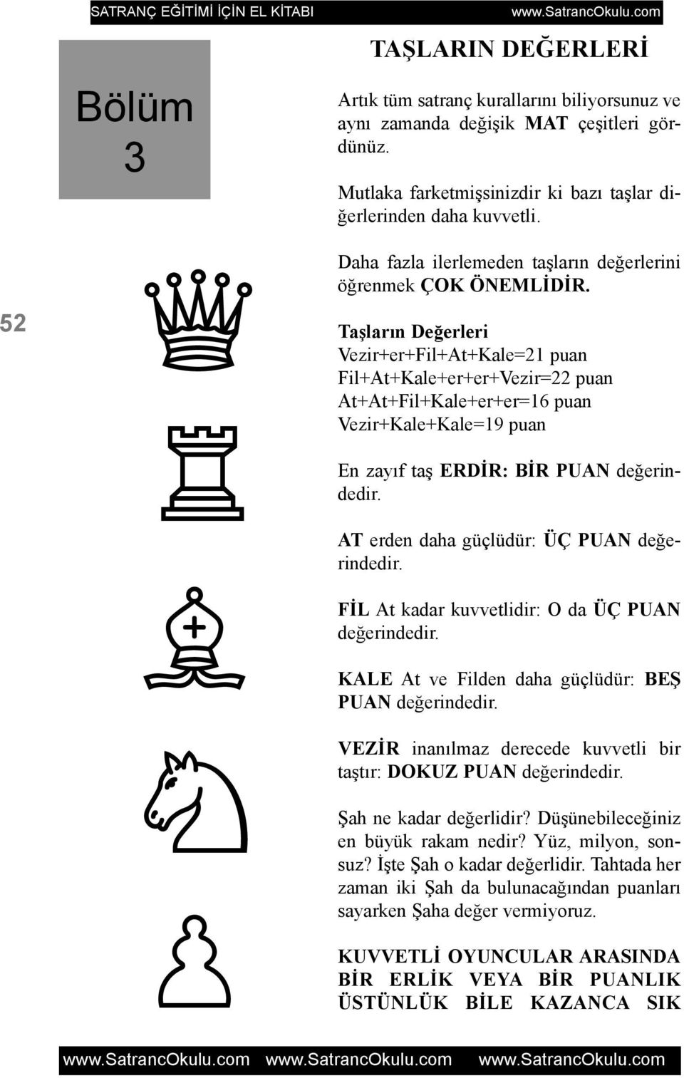 Taþlarýn Deðerleri Vezir+er+Fil+At+Kale=21 puan Fil+At+Kale+er+er+Vezir=22 puan At+At+Fil+Kale+er+er=16 puan Vezir+Kale+Kale=19 puan En zayýf taþ ERDÝR: BÝR PUAN deðerindedir.