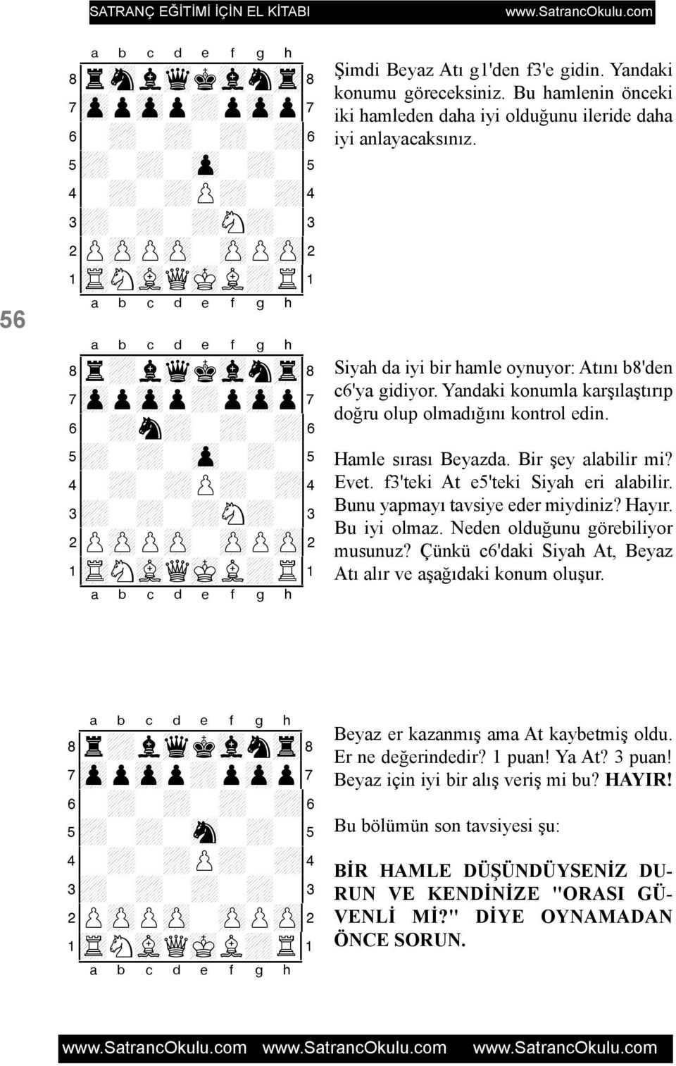 Yandaki konumla karþýlaþtýrýp doðru olup olmadýðýný kontrol edin. Hamle sýrasý Beyazda. Bir þey alabilir mi? Evet. f3'teki At e5'teki Siyah eri alabilir. Bunu yapmayý tavsiye eder miydiniz? Hayýr.