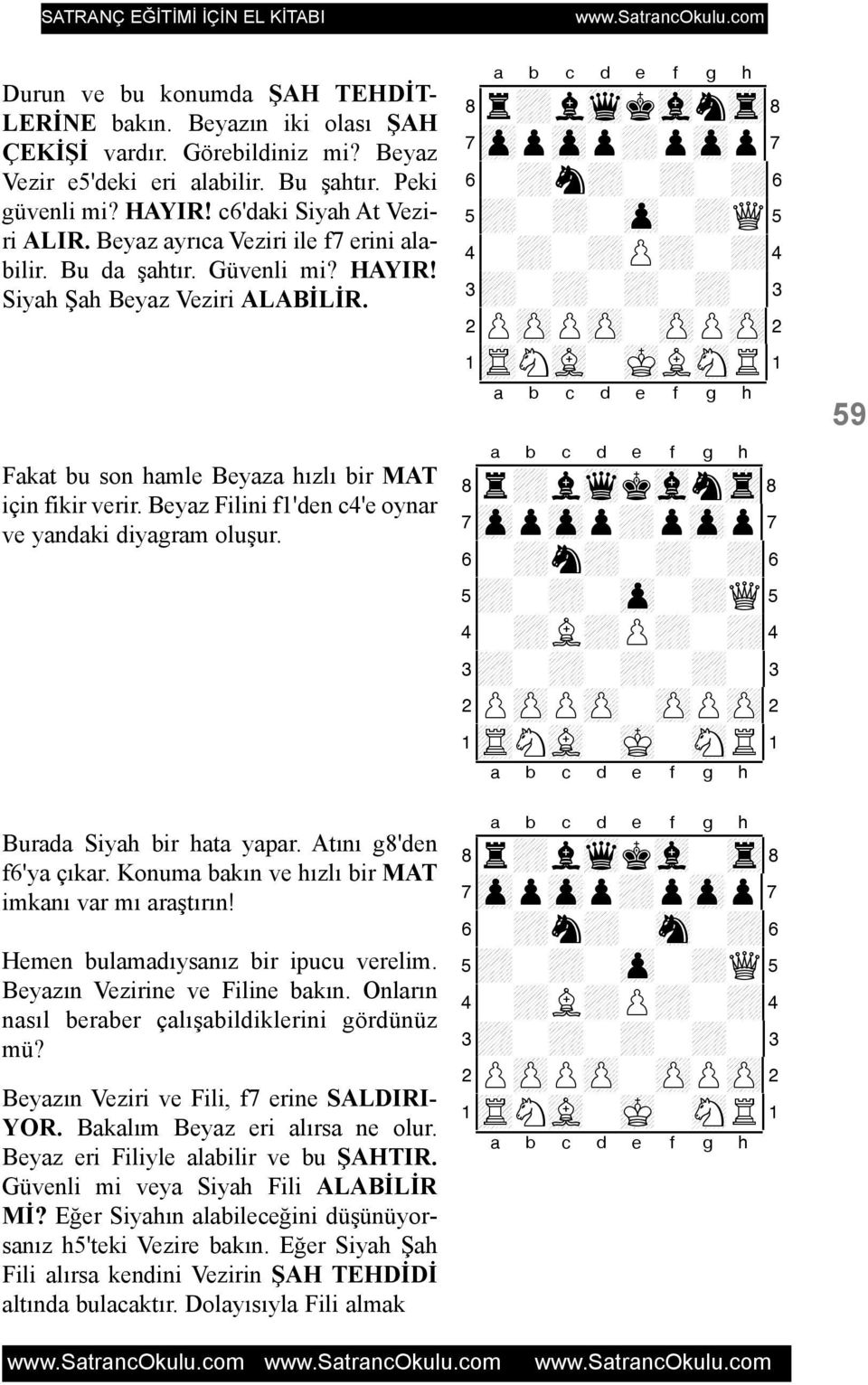 Beyaz Filini f1'den c4'e oynar ve yandaki diyagram oluþur. Burada Siyah bir hata yapar. Atýný g8'den f6'ya çýkar. Konuma bakýn ve hýzlý bir MAT imkaný var mý araþtýrýn!