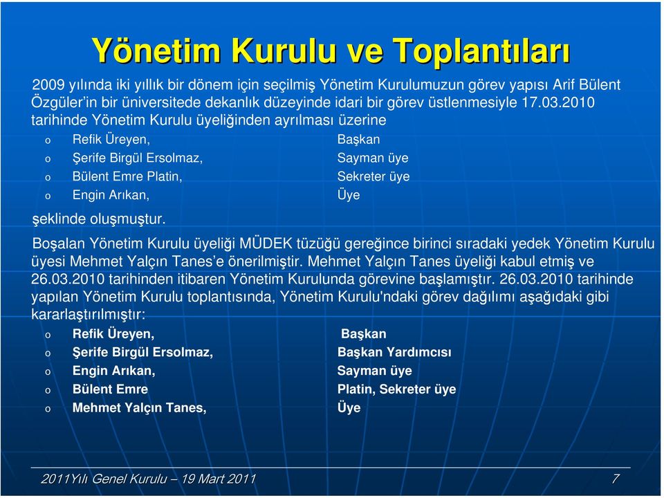 2010 tarihinde Yönetim Kurulu üyeliğinden ayrılması üzerine Refik Üreyen, Başkan Şerife Birgül Erslmaz, Sayman üye Bülent Emre Platin, Sekreter üye Engin Arıkan, Üye şeklinde luşmuştur.