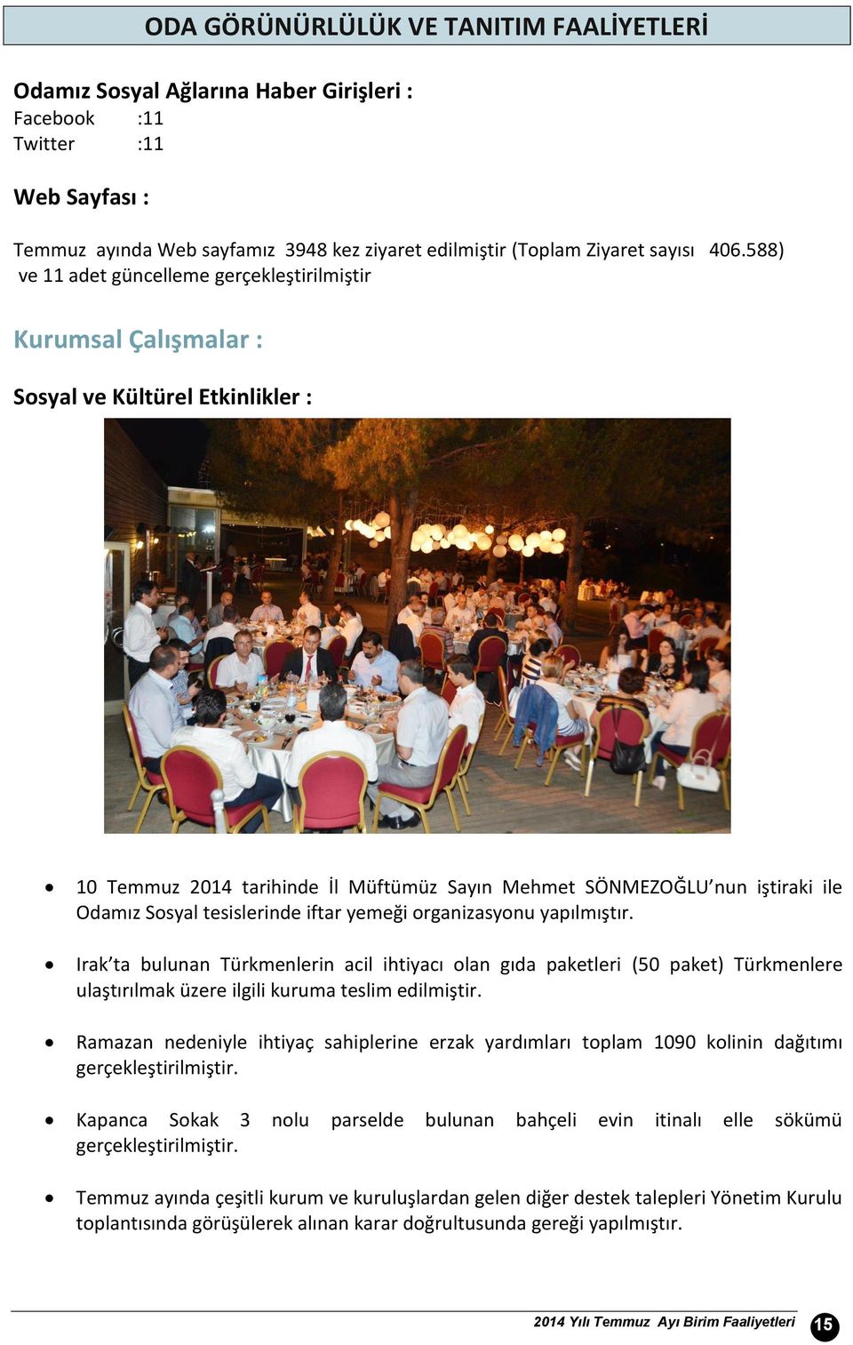 tesislerinde iftar yemeği organizasyonu yapılmıştır. Irak ta bulunan Türkmenlerin acil ihtiyacı olan gıda paketleri (5 paket) Türkmenlere ulaştırılmak üzere ilgili kuruma teslim edilmiştir.