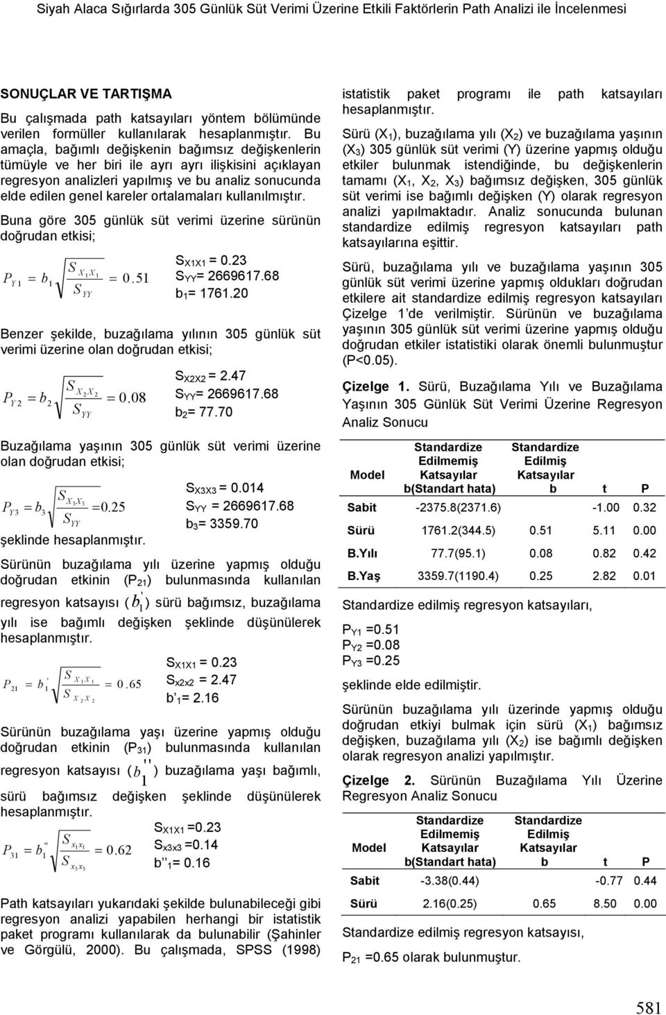 Bu amaçla, bağımlı değişkenin bağımsız değişkenlerin tümüyle ve her biri ile ayrı ayrı ilişkisini açıklayan regresyon analizleri yapılmış ve bu analiz sonucunda elde edilen genel kareler ortalamaları