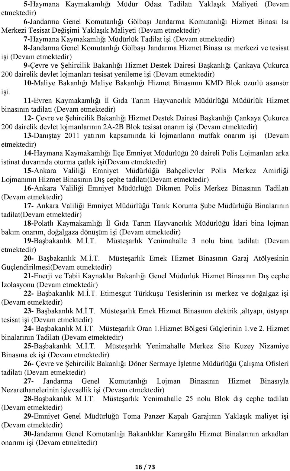 ġehircilik Bakanlığı Hizmet Destek Dairesi BaĢkanlığı Çankaya Çukurca 200 dairelik devlet lojmanları tesisat yenileme iģi (Devam etmektedir) 10-Maliye Bakanlığı Maliye Bakanlığı Hizmet Binasının KMD