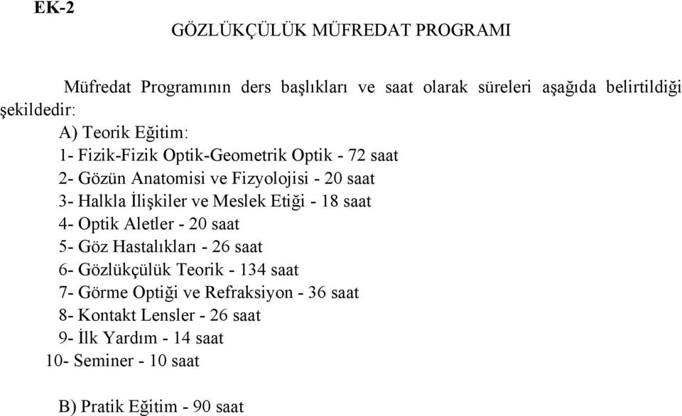 ve Meslek Etiği - 18 saat 4- Optik Aletler - 20 saat 5- Göz Hastalıkları - 26 saat 6- Gözlükçülük Teorik - 134 saat 7- Görme