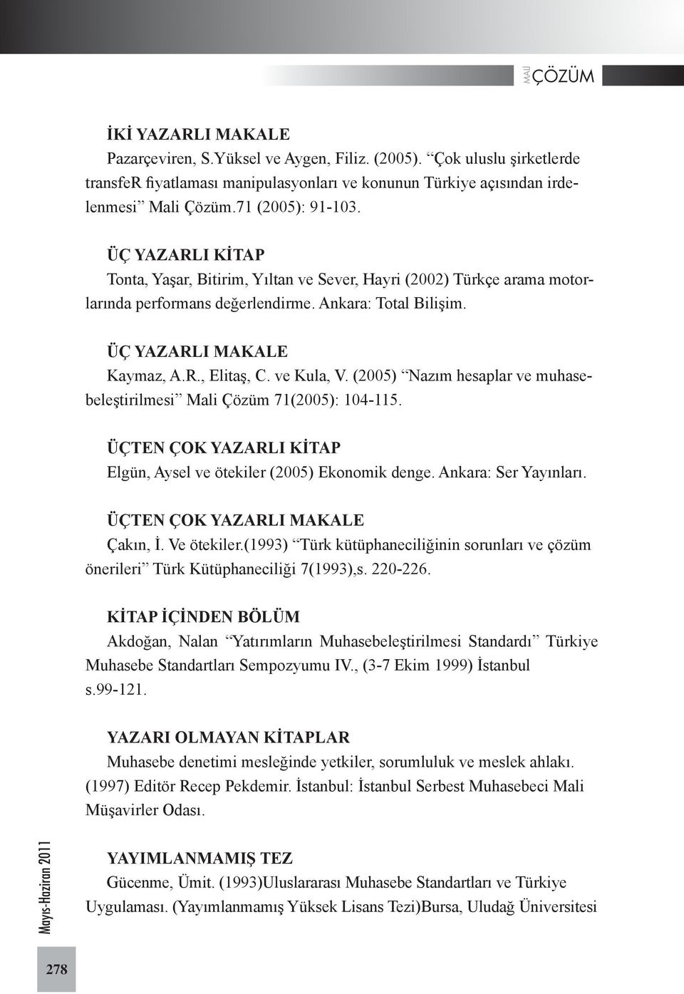 (2005) Nazım hesaplar ve muhasebeleştirilmesi Mali Çözüm 71(2005): 104-115. ÜÇTEN ÇOK YAZARLI KİTAP Elgün, Aysel ve ötekiler (2005) Ekonomik denge. Ankara: Ser Yayınları.