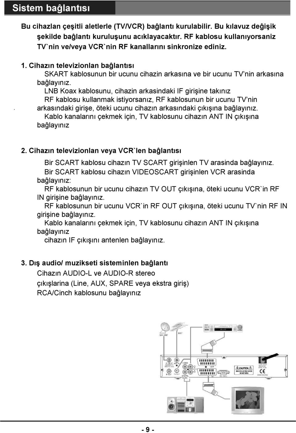 Cihazın televizionlan baĝlantısı SKART kablosunun bir ucunu cihazin arkasına ve bir ucunu TV nin arkasına baĝlayınız.