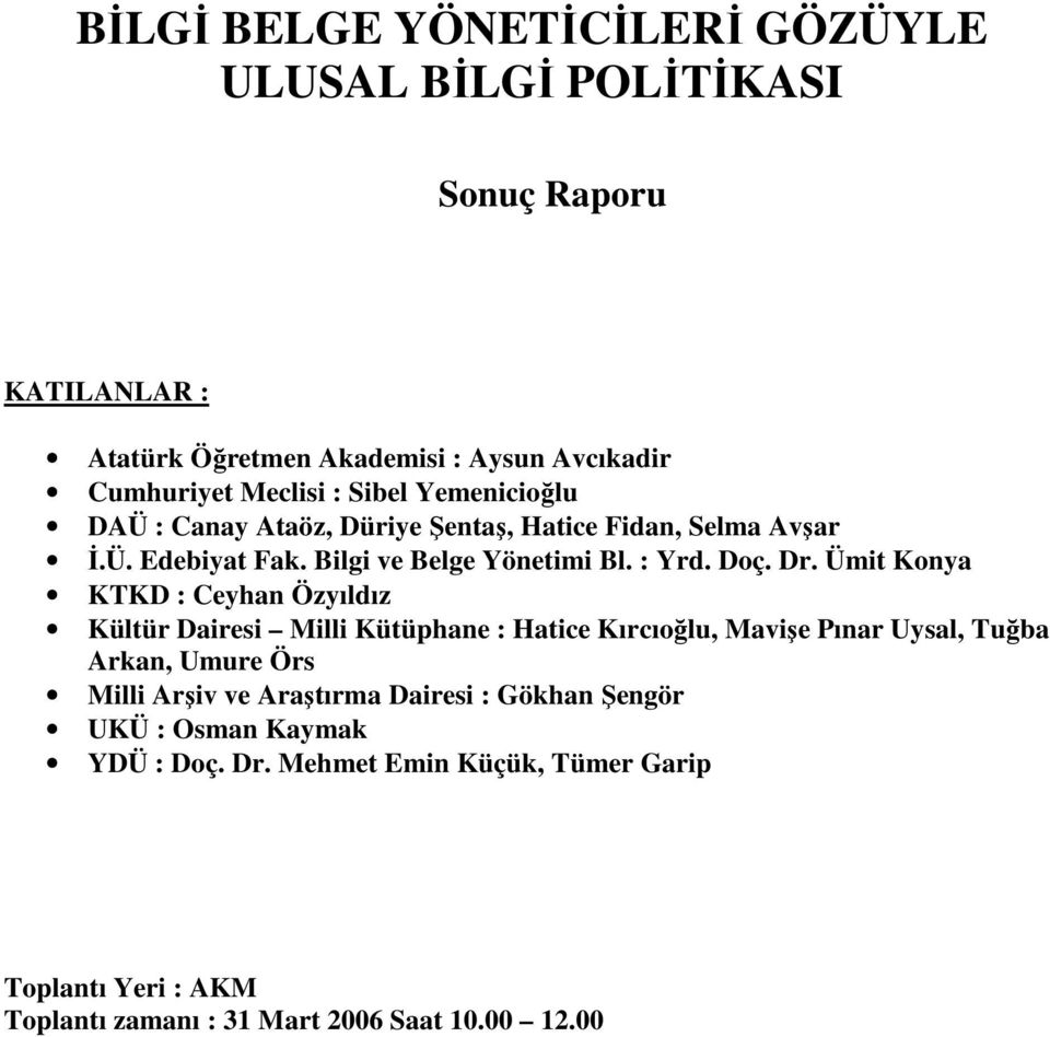 Ümit Konya KTKD : Ceyhan Özyıldız Kültür Dairesi Milli Kütüphane : Hatice Kırcıoğlu, Mavişe Pınar Uysal, Tuğba Arkan, Umure Örs Milli Arşiv ve