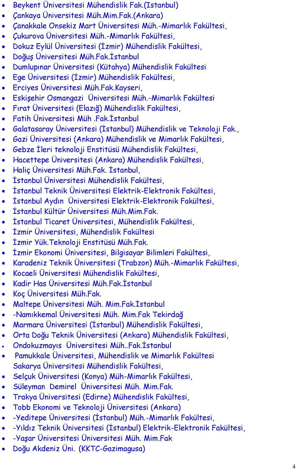 Fak.Kayseri, Eskişehir Osmangazi Üniversitesi Müh.-Mimarlık Fakültesi Fırat Üniversitesi (Elazığ) Mühendislik Fakültesi, Fatih Üniversitesi Müh.Fak.İstanbul Galatasaray Üniversitesi (İstanbul) Mühendislik ve Teknoloji Fak.