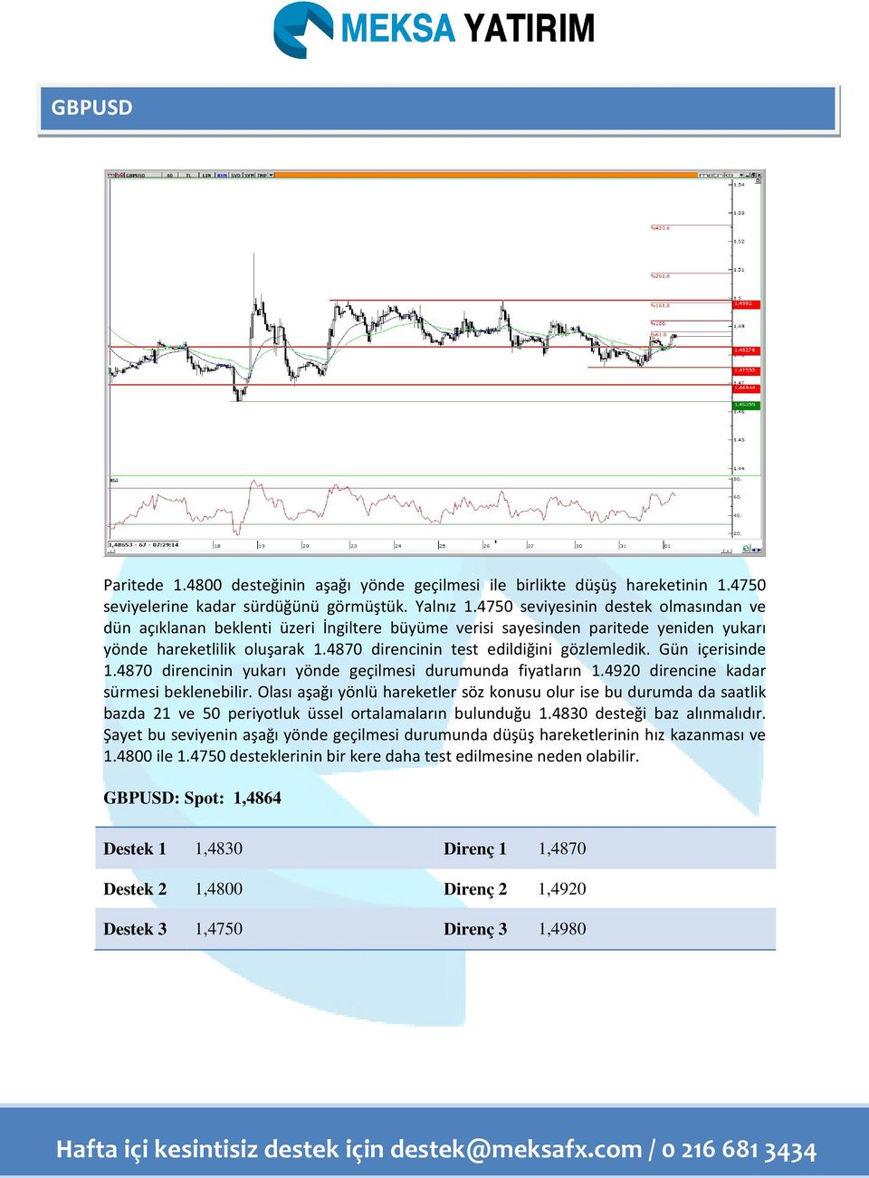 Gün içerisinde 1.4870 direncinin yukarı yönde geçilmesi durumunda fiyatların 1.4920 direncine kadar sürmesi beklenebilir.