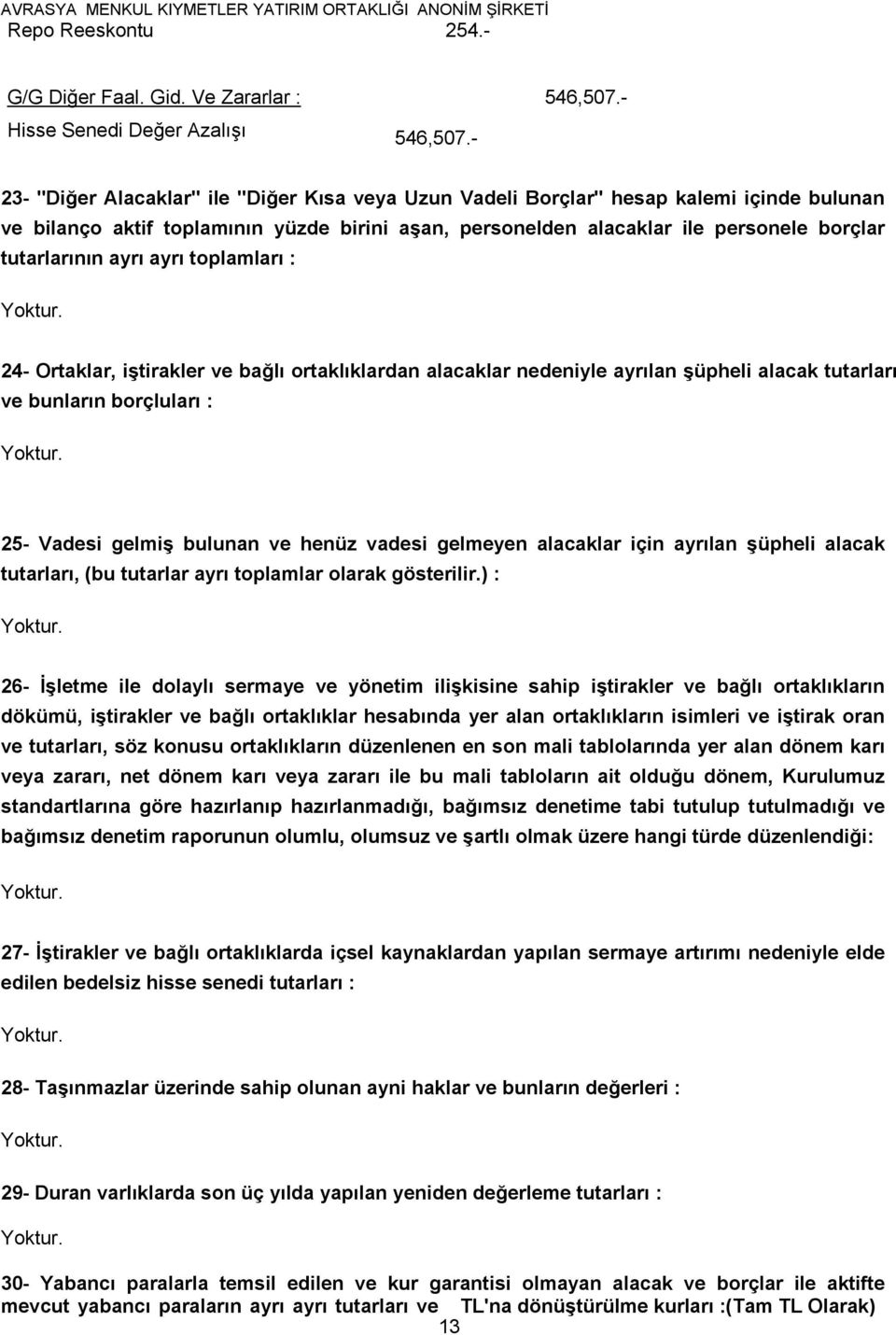 ayrı ayrı toplamları : 24- Ortaklar, iştirakler ve bağlı ortaklıklardan alacaklar nedeniyle ayrılan şüpheli alacak tutarları ve bunların borçluları : 25- Vadesi gelmiş bulunan ve henüz vadesi