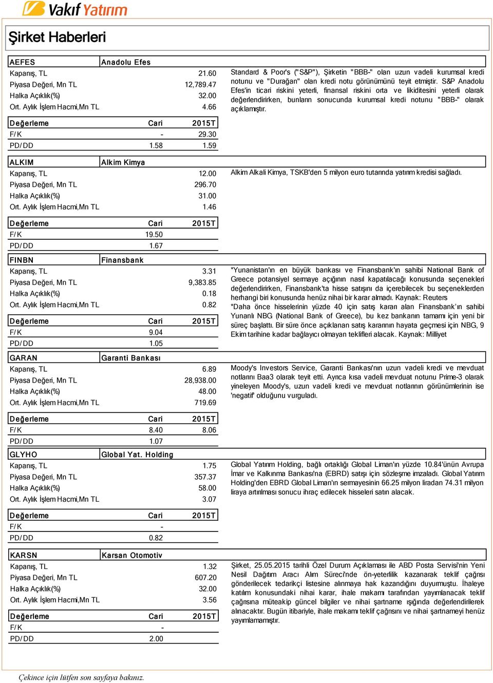S&P Anadolu Efes'in ticari riskini yeterli, finansal riskini orta ve likiditesini yeterli olarak değerlendirirken, bunların sonucunda kurumsal kredi notunu "BBB-" olarak açıklamıştır. F/ K - 29.