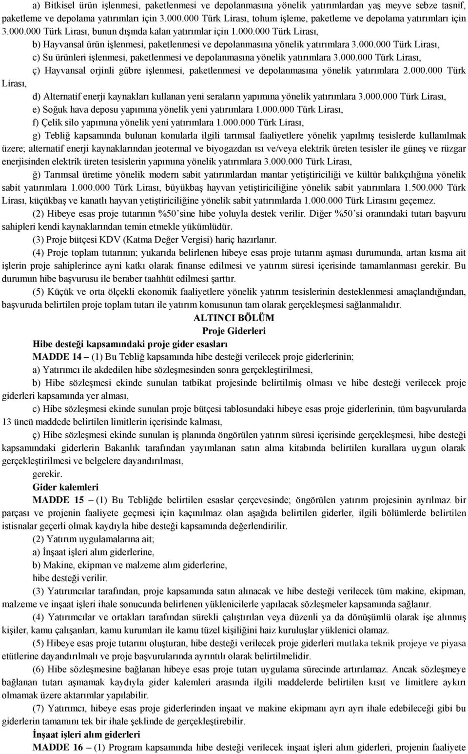 000.000 Türk Lirası, c) Su ürünleri işlenmesi, paketlenmesi ve depolanmasına yönelik yatırımlara 3.000.000 Türk Lirası, ç) Hayvansal orjinli gübre işlenmesi, paketlenmesi ve depolanmasına yönelik yatırımlara 2.