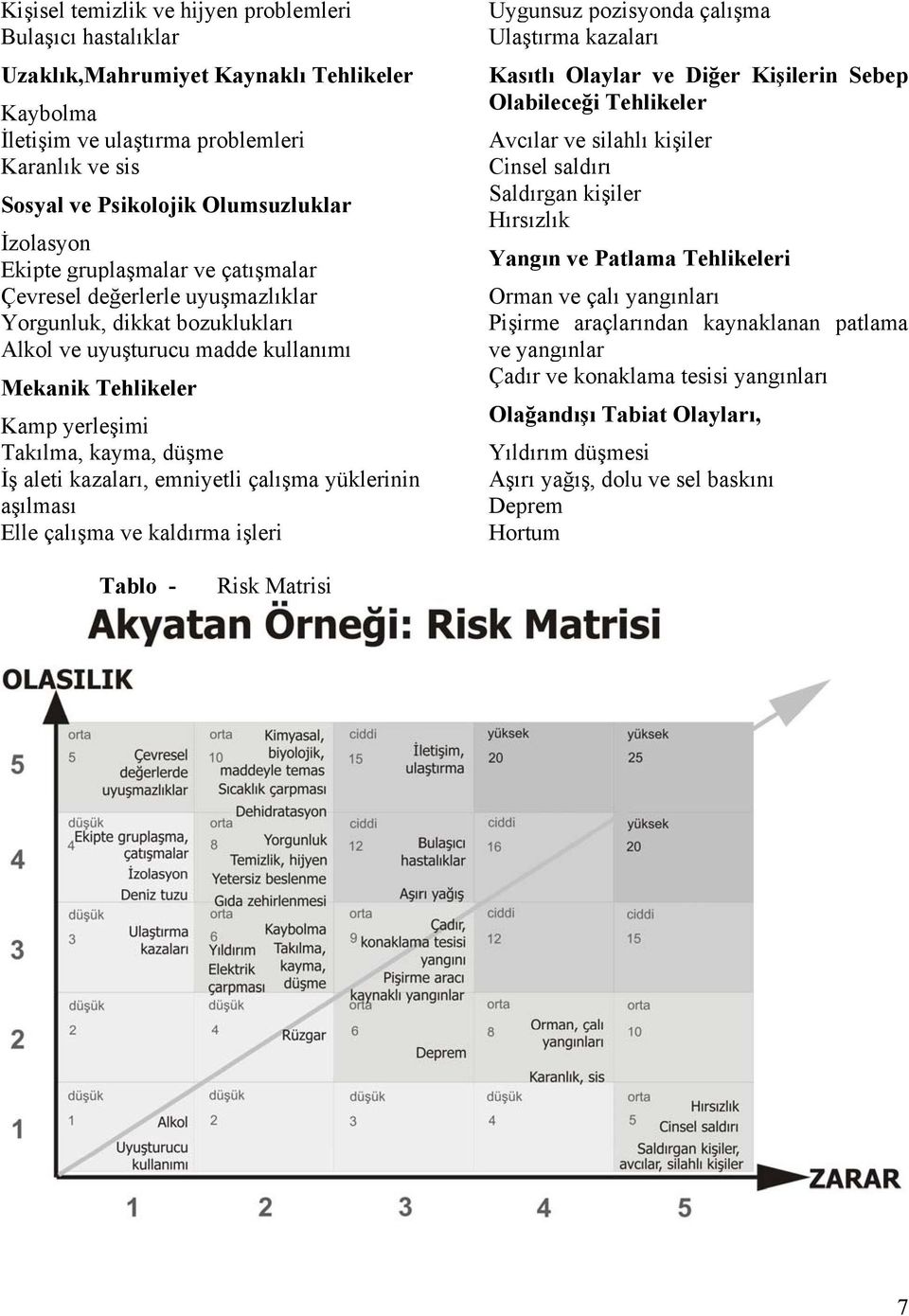 düşme İş aleti kazaları, emniyetli çalışma yüklerinin aşılması Elle çalışma ve kaldırma işleri Uygunsuz pozisyonda çalışma Ulaştırma kazaları Kasıtlı Olaylar ve Diğer Kişilerin Sebep Olabileceği