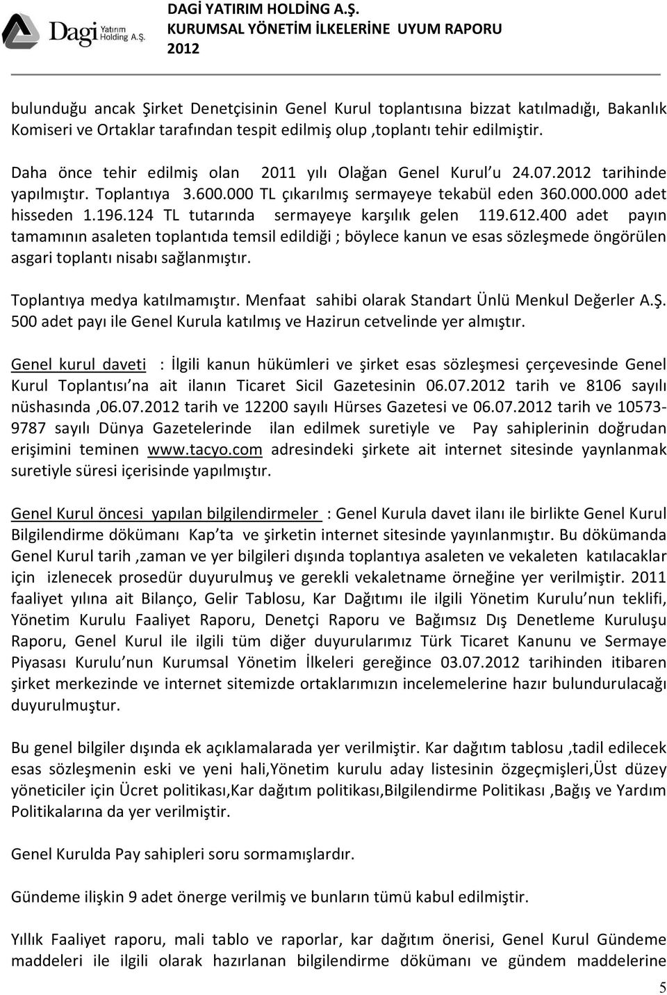 124 TL tutarında sermayeye karşılık gelen 119.612.400 adet payın tamamının asaleten toplantıda temsil edildiği ; böylece kanun ve esas sözleşmede öngörülen asgari toplantı nisabı sağlanmıştır.