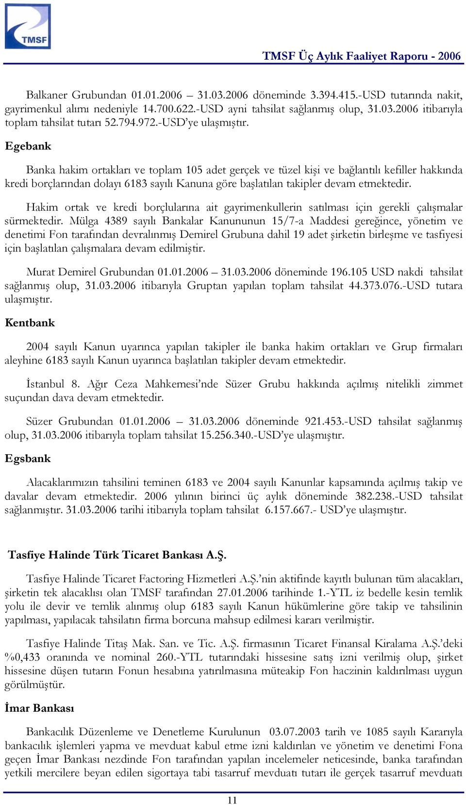 Egebank Banka hakim ortakları ve toplam 105 adet gerçek ve tüzel kişi ve bağlantılı kefiller hakkında kredi borçlarından dolayı 6183 sayılı Kanuna göre başlatılan takipler devam etmektedir.