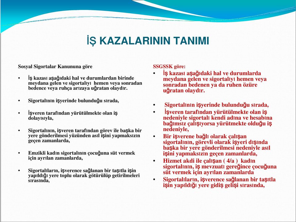 geçen zamanlarda, Emzikli kadın sigortalının çocuğuna süt vermek için ayrılan zamanlarda, Sigortalıların, işverence sağlanan bir taşıtla işin yapıldığı yere toplu olarak götürülüp getirilmeleri