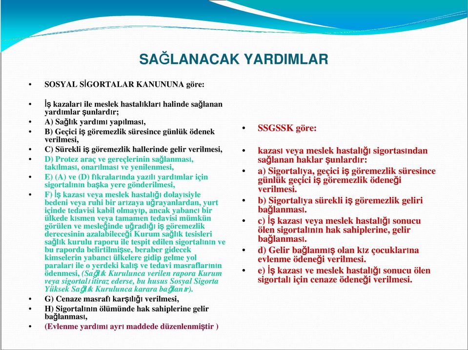 için sigortalının başka yere gönderilmesi, F) İş kazası veya meslek hastalığı dolayısiyle bedeni veya ruhi bir arızaya uğrayanlardan, yurt içinde tedavisi kabil olmayıp, ancak yabancı bir ülkede