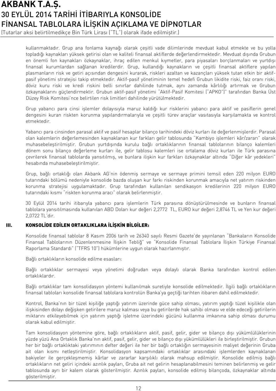 Mevduat dışında Grubun en önemli fon kaynakları özkaynaklar, ihraç edilen menkul kıymetler, para piyasaları borçlanmaları ve yurtdışı finansal kurumlardan sağlanan kredilerdir.