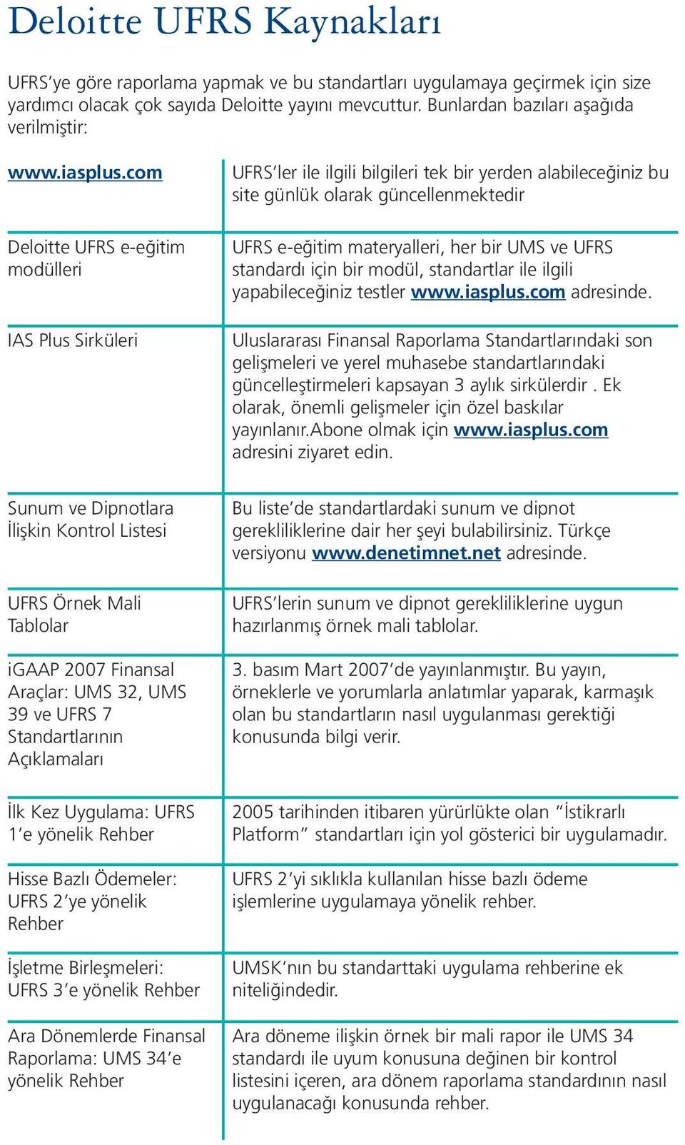 com Deloitte UFRS e-eğitim modülleri IAS Plus Sirküleri Sunum ve Dipnotlara İlişkin Kontrol Listesi UFRS Örnek Mali Tablolar igaap 2007 Finansal Araçlar: UMS 32, UMS 39 ve UFRS 7 Standartlarının