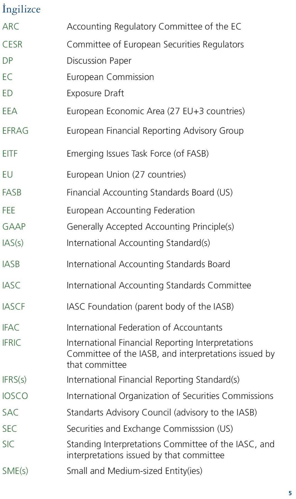 European Union (27 countries) Financial Accounting Standards Board (US) European Accounting Federation Generally Accepted Accounting Principle(s) International Accounting Standard(s) International