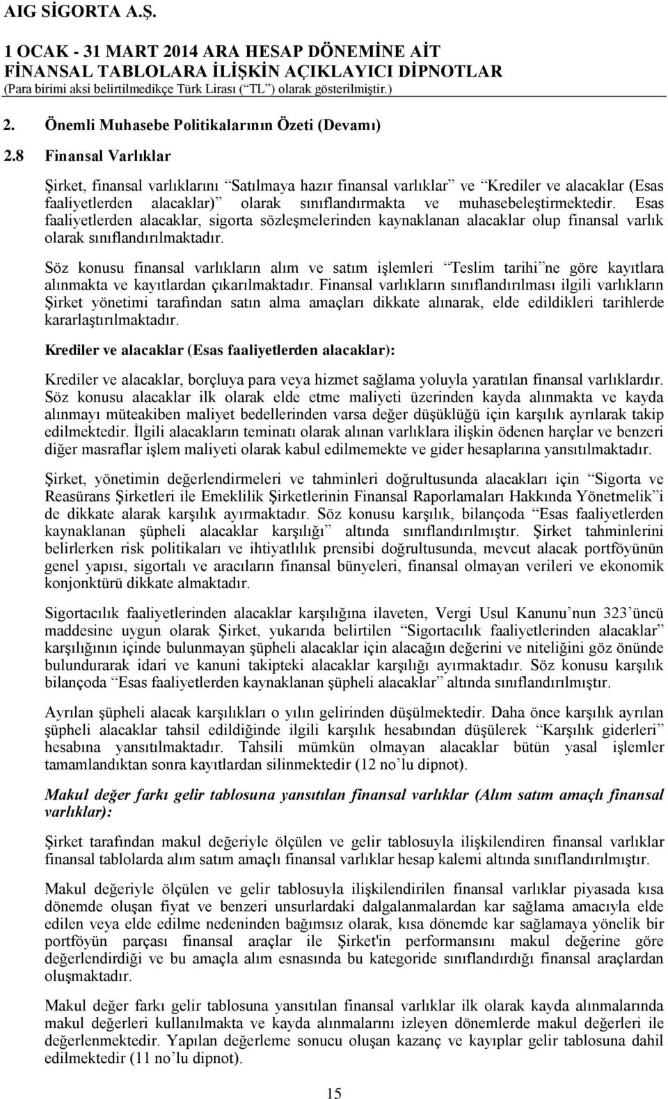 Esas faaliyetlerden alacaklar, sigorta sözleşmelerinden kaynaklanan alacaklar olup finansal varlık olarak sınıflandırılmaktadır.