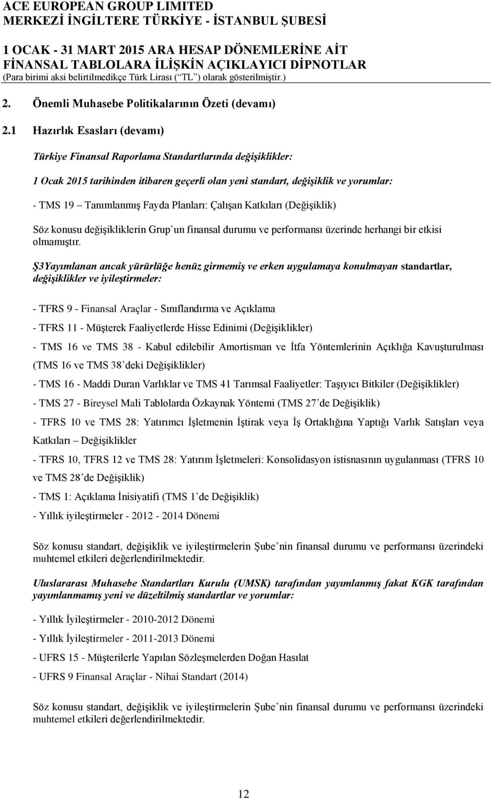 Planları: Çalışan Katkıları (Değişiklik) Söz konusu değişikliklerin Grup un finansal durumu ve performansı üzerinde herhangi bir etkisi olmamıştır.