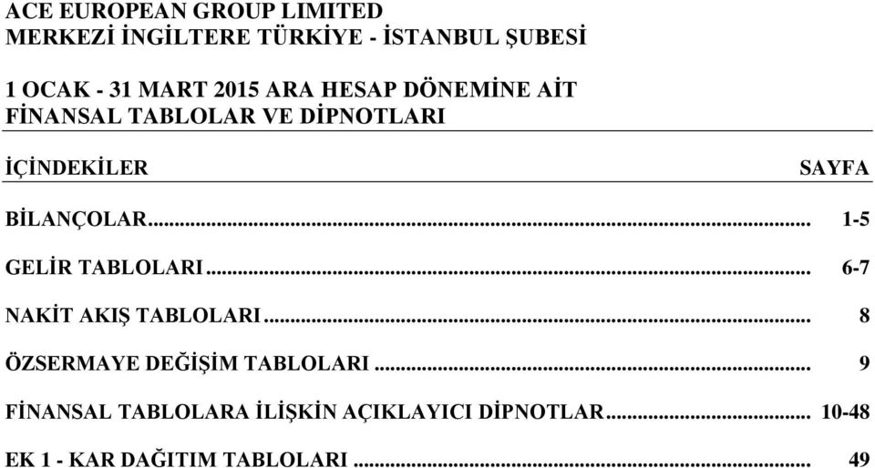 .. 1-5 GELİR TABLOLARI... 6-7 NAKİT AKIŞ TABLOLARI.