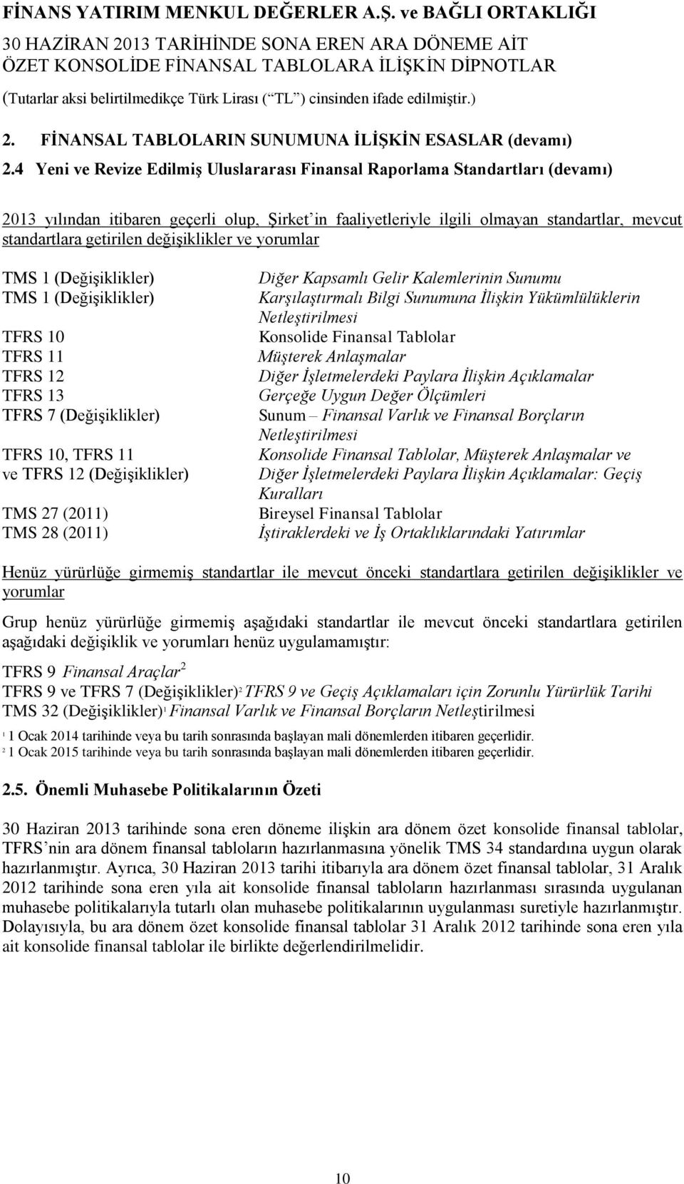 değişiklikler ve yorumlar TMS 1 (Değişiklikler) TMS 1 (Değişiklikler) TFRS 10 TFRS 11 TFRS 12 TFRS 13 TFRS 7 (Değişiklikler) TFRS 10, TFRS 11 ve TFRS 12 (Değişiklikler) TMS 27 (2011) TMS 28 (2011)