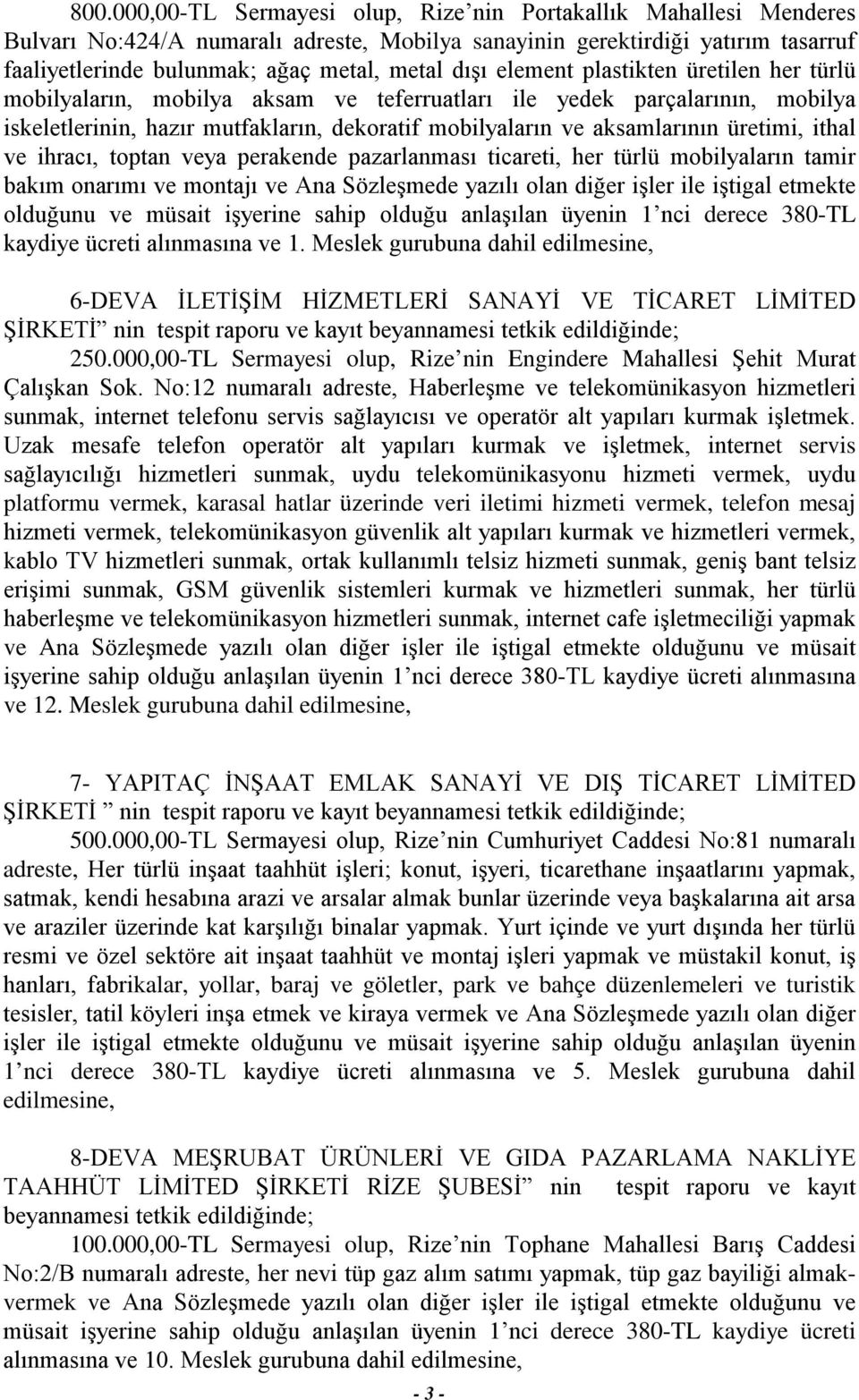 üretimi, ithal ve ihracı, toptan veya perakende pazarlanması ticareti, her türlü mobilyaların tamir bakım onarımı ve montajı ve Ana Sözleşmede yazılı olan diğer işler ile iştigal etmekte olduğunu ve