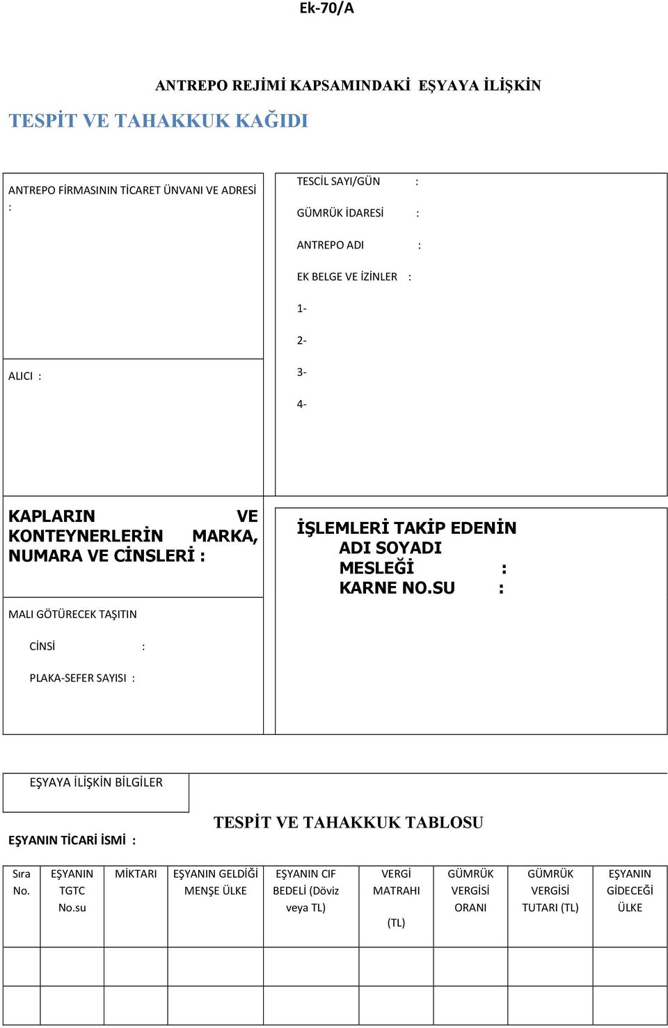 SOYADI MESLEĞİ : KARNE NO.SU : CİNSİ : PLAKA-SEFER SAYISI : EŞYAYA İLİŞKİN BİLGİLER EŞYANIN TİCARİ İSMİ : TESPİT VE TAHAKKUK TABLOSU Sıra No. EŞYANIN TGTC No.