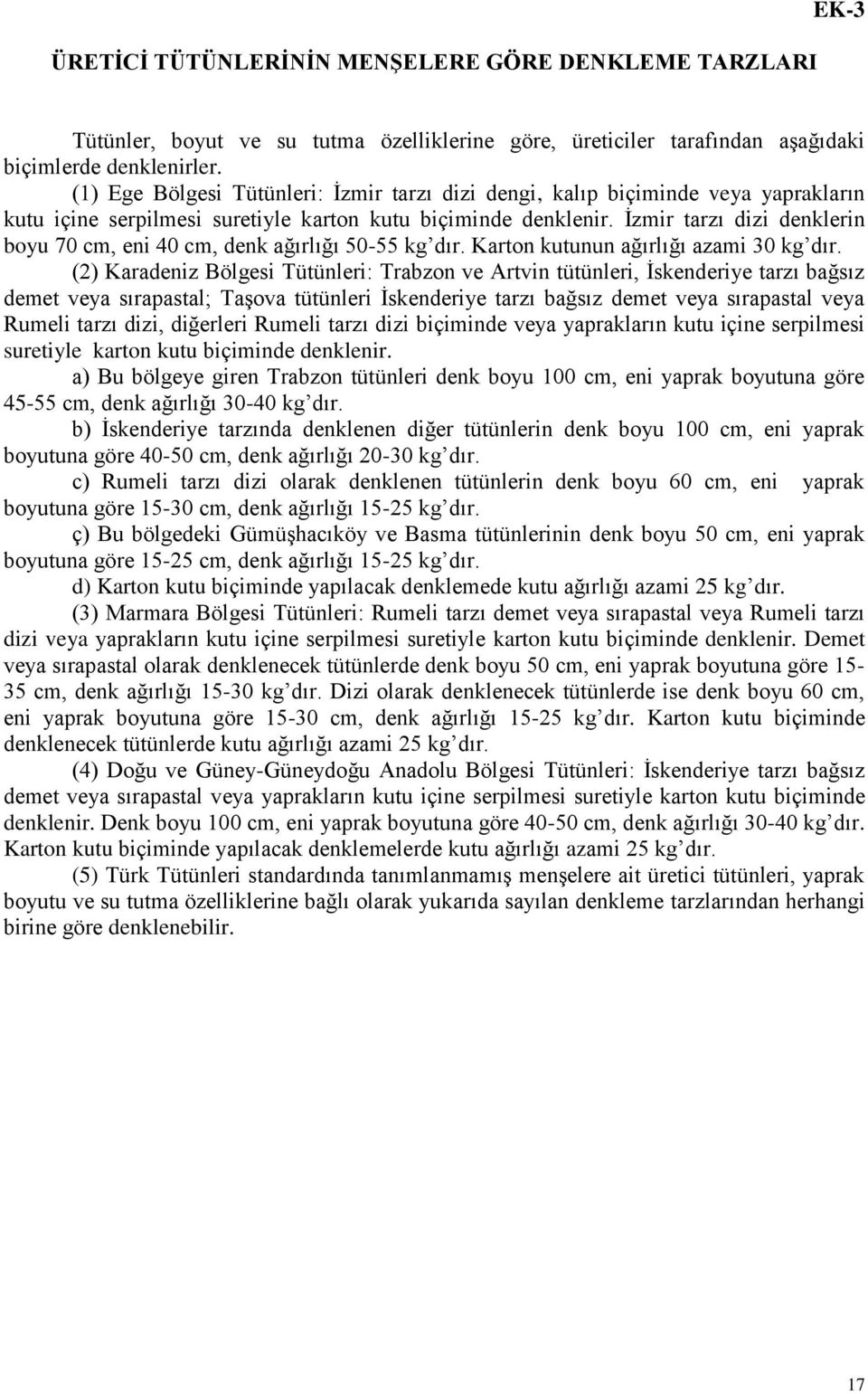 İzmir tarzı dizi denklerin boyu 70 cm, eni 40 cm, denk ağırlığı 50-55 kg dır. Karton kutunun ağırlığı azami 30 kg dır.